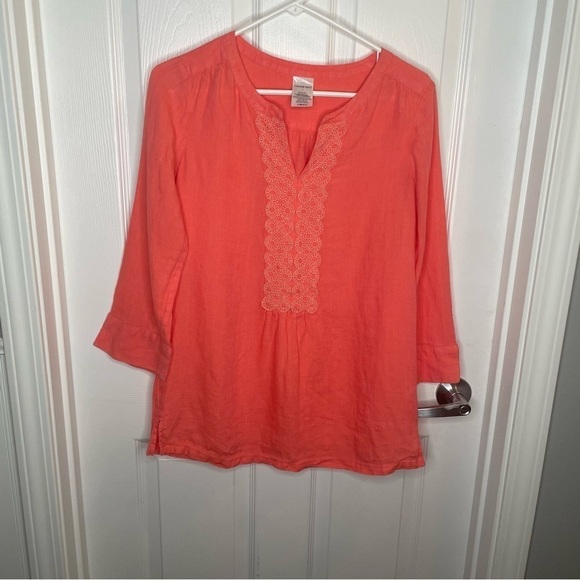 Lands End 100% Linen Coral Popover Tunic 4 - Picture 1 of 10
